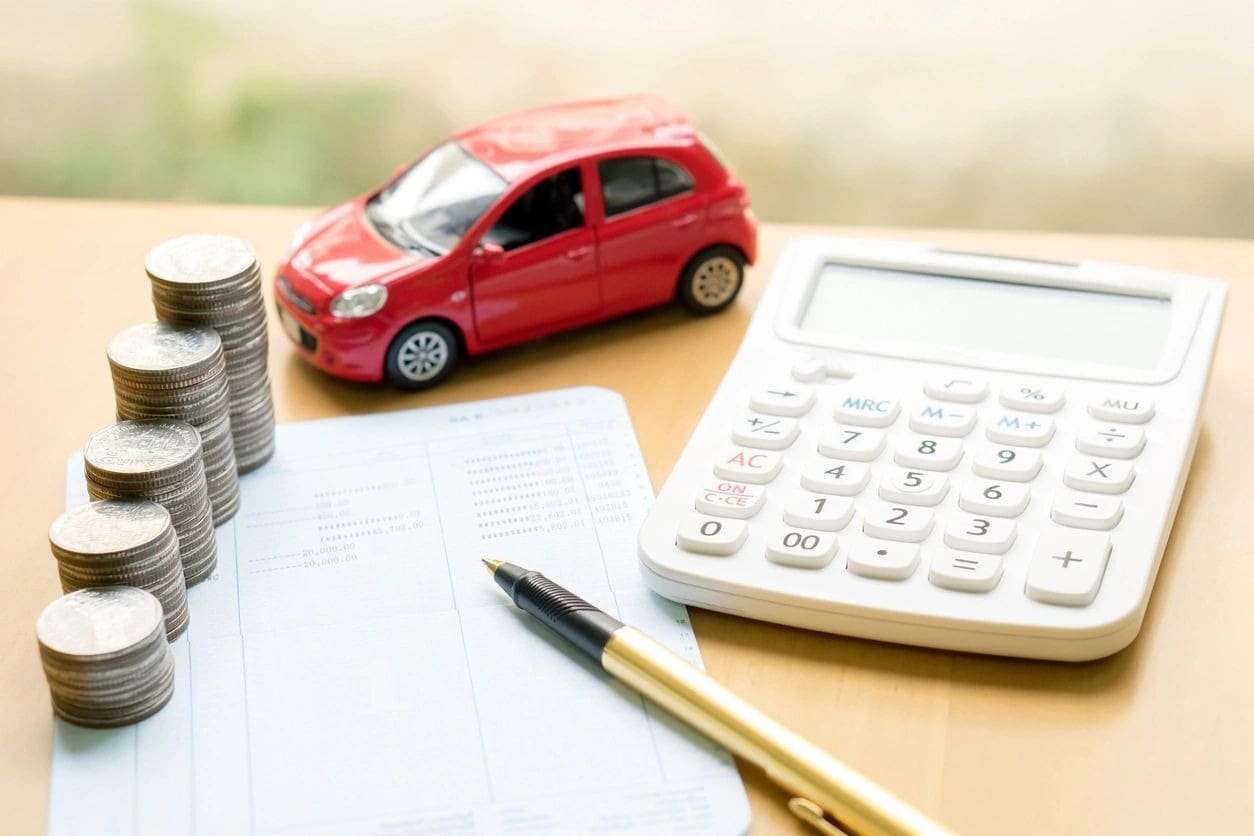 A red car sitting on top of some money.